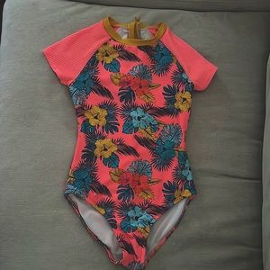 Girl’s Target Art Class one piece zip top neon tropical flowers swimsuit 10/12